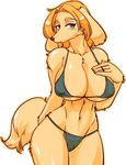  anthro big_breasts bikini breasts brown_eyes brown_fur brown_hair canine cleavage clothed clothing dog female fluffy_tail fur hair hand_on_breast kazuhiro looking_at_viewer mammal navel open_mouth simple_background solo standing swimsuit white_background white_sclera 