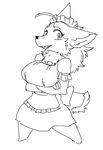  anthro canine clothing crossed_arms dress female grin kazuhiro mammal monochrome sharp_teeth simple_background smile solo standing teeth white_background wolf 