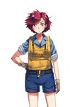  :t belt collarbone gloves green_eyes hand_on_hip life_vest looking_at_viewer military military_uniform naval_uniform pilot red_hair short_hair shorts simple_background siqi_(miharuu) sleeves_rolled_up solo uniform white_background world_war_ii 