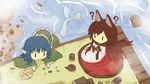  ? akihiyo animal_ears blue_eyes brooch brown_hair commentary_request cup drill_hair game_boy_advance game_cartridge handheld_game_console head_fins highres imaizumi_kagerou japanese_clothes jewelry kimono long_hair long_sleeves mermaid monster_girl multiple_girls pebble shore tail teapot touhou very_long_hair wakasagihime water wide_sleeves wolf_ears wolf_tail yunomi |_| 