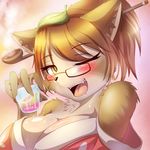  2015 alcohol amber_eyes anthro beverage big_breasts blush breasts brown_fur brown_hair cleavage clothed clothing drink drunk eyewear female food fur glass glasses hair half-closed_eyes inner_ear_fluff leaf mammal one_eye_closed open_mouth pipe pointy_ears raccoon smile solo tailzkim tanuki teeth tongue white_fur wink 