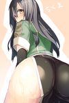  ass bad_id bad_pixiv_id black_gloves black_hair character_name chikuma_(kantai_collection) elbow_gloves from_behind gloves hair_between_eyes kantai_collection light_brown_eyes long_hair looking_at_viewer meth_(emethmeth) no_panties pelvic_curtain puffy_short_sleeves puffy_sleeves remodel_(kantai_collection) short_sleeves side_slit single_glove solo translated wet 