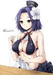  bikini breasts flower fuyu_mi kantai_collection large_breasts mechanical_halo purple_eyes purple_hair short_hair simple_background smile solo swimsuit tatsuta_(kantai_collection) white_background 