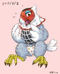  2015 amelia_(animal_crossing) animal_crossing avian blush bubonikku claws clothing digitigrade eyelashes feathers female japanese_text nintendo open_mouth panties pink_background simple_background strawberry sweat text underwear video_games wings 