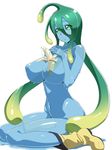  ahoge banana blue_skin boots breasts chikuishi food fruit full_body goo_girl green_eyes green_hair hands_clasped large_breasts long_hair monster_girl monster_musume_no_iru_nichijou navel nipples nude own_hands_together rubber_boots simple_background sitting solo suu_(monster_musume) tentacle_hair transparent very_long_hair wariza white_background yellow_footwear 