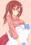  blush blush_stickers breast_rest breasts brown_eyes brown_hair dakimakura_(object) ebina_nana eichan_(eichanidfi) highres himouto!_umaru-chan large_breasts long_hair looking_at_viewer nekoronbusu pillow skirt smile solo stuffed_animal stuffed_cat stuffed_toy twintails wavy_mouth 