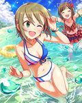  artist_request asterisk_(idolmaster) bikini bracelet brown_hair closed_eyes fang flower green_eyes hair_flower hair_ornament idolmaster idolmaster_cinderella_girls innertube jewelry maekawa_miku midriff multiple_girls necklace official_art one_eye_closed plaid plaid_bikini short_hair smile swimsuit tada_riina 