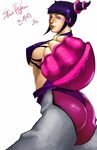  ass black_hair black_panties breasts clenched_hand covered_nipples dudou fingerless_gloves foreshortening gloves glowing glowing_eye han_juri highres hitashi_mcs large_breasts lips nose panties panties_over_pantyhose pantyhose purple_eyes purple_legwear short_hair short_twintails solo street_fighter street_fighter_iv_(series) twintails underwear 