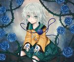  aqua_hair blouse blue_flower blue_rose flower gradient gradient_background green_eyes komeiji_koishi looking_at_viewer mukou_himuka no_hat no_headwear open_hands petals rose rose_petals short_hair sitting skirt smile solo third_eye thorns touhou wariza 