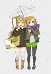  blue_eyes boots bow coat hair_bow highres holding holding_umbrella kousaka_honoka legwear_under_shorts long_hair looking_at_viewer love_live! love_live!_school_idol_project minami_kotori mota multiple_girls one_side_up orange_hair pantyhose scarf shared_umbrella short_hair shorts smile snow transparent transparent_umbrella umbrella winter_clothes yellow_eyes 