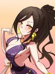  bare_shoulders blush breasts brown_hair cleavage crescent crescent_earrings dress earrings floral_print formal from_side himo idolmaster idolmaster_cinderella_girls jewelry large_breasts long_hair looking_at_viewer mukai_takumi ponytail purple_dress smile solo yellow_eyes 