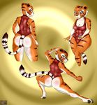  2015 abstract_background absurd_res anthro blood blush breasts butt clothing feline female flame-lonewolf fur hi_res kung_fu_panda looking_at_viewer mammal master_tigress nipples simple_background solo spandex stripes tiger tight_clothing 