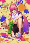  1girl artist_request barefoot bazooka_oiran bike_shorts feet glasses hime_cut inkling midriff no_socks pink_hair pointy_ears shoes_removed simple_background single_shoe sitting smile sneakers solo splatoon splatter tentacle_hair toes water_gun 