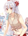  3girls alternate_costume blue_eyes blue_hair bottle bow cirno dress drooling food fujiwara_no_mokou hair_bow hat ice ice_cream ice_wings kamishirasawa_keine long_hair midriff multiple_girls open_mouth red_eyes ribbon sarashi shirt short_hair silver_hair six_(fnrptal1010) sleeves_rolled_up smile sparkling_eyes tied_shirt tongue tongue_out touhou unbuttoned very_long_hair wings 