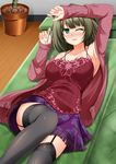  arm_up black_legwear blush breasts brown_hair collarbone couch floral_print foreshortening garter_straps green_eyes halterneck idolmaster idolmaster_cinderella_girls lace lace-trimmed_thighhighs large_breasts leg_up legs looking_at_viewer lying mirisha mole mole_under_eye nose_blush on_back on_couch one_eye_closed parted_lips plant potted_plant shirt short_hair skirt sleeves_past_wrists smile solo takagaki_kaede thighhighs thighs wooden_floor 