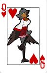  &lt;3 2015 anthro avian beak big_breasts bird breasts card clothed clothing female green_eyes legwear leonthekitsune looking_at_viewer open_mouth playing_card queen_of_hearts robin simple_background solo tongue wings 