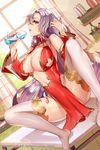  areola_slip areolae artist_name bare_shoulders blush bottle breasts center_opening company_name copyright_name detached_sleeves dutch_angle ganik large_breasts long_hair open_mouth plate red_eyes silver_hair sitting solo sword_girls table thighhighs watermark window 