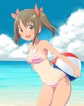 ball beach beachball behind_back bikini brown_eyes brown_hair carrying cowboy_shot day front-tie_top idolmaster idolmaster_cinderella_girls imai_kana leaning_forward ocean one-piece_tan open_mouth outdoors ransusan solo striped striped_swimsuit swimsuit tan tanline twintails water 