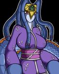  2013 anthro big_breasts black_background blue_scales blue_skin breasts canastus clothed clothing deity female gorgon hair japanese_clothing jewelry kimono lamia long_hair monster monster_girl orange_scales red_eyes reptile scalie simple_background slit_pupils snake solo teeth tiara vennominaga_the_deity_of_poisonous_snakes yu-gi-oh 
