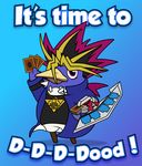  2011 atem_(yu-gi-oh!) avian beak bird black_hair blonde_hair blue_background blue_feathers bottomless cards clothed clothing cosplay crossover deck disgaea duel_disc english_text feathers feral hair half-dressed humor jacket looking_at_viewer millennium_puzzle parody penguin prinny purple_eyes raised_arm red_hair shirt simple_background talisment text video_games white_feathers yu-gi-oh 
