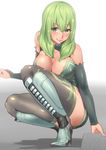  absurdres areola_slip areolae arm_support bad_id bad_pixiv_id bangs bare_shoulders black_legwear blurry blush border_break breasts bridal_gauntlets bustier cleavage depth_of_field detached_sleeves fiona_(border_break) full_body green_eyes green_hair high_heels highres large_breasts leotard looking_at_viewer miniskirt nervous_smile off_shoulder shin_guards skirt solo squatting thighhighs yoshiwa_tomo 