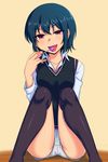  black_hair black_legwear candy commentary_request fang food highres licking lollipop looking_at_viewer pa_da_wan panties panties_under_shorts panty_peek purple_eyes purple_panties short_hair shorts sitting solo squatting sweater_vest thighhighs underwear 