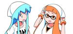  :d absurdres adjusting_clothes adjusting_hat anbe_masahiro blue_hair clothes_writing cosplay crossover hat highres ikamusume ikamusume_(cosplay) inkling long_hair multiple_girls official_art open_mouth orange_eyes orange_hair pointy_ears shinryaku!_ikamusume shirt simple_background smile splatoon_(series) splatoon_1 t-shirt trait_connection upper_body white_background white_shirt 