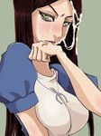  1girl alice:_madness_returns alice_liddell artist_request blue_dress blush brown_hair cum cum_on_hair dress facial green_eyes looking_at_viewer necklace simple_background solo tears 