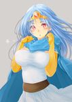  1girl :o blue_eyes blush breasts cape circlet dragon_quest dragon_quest_iii earrings elbow_gloves gloves highres jewelry large_breasts long_hair looking_at_viewer red_eyes sage_(dq3) simple_background solo yellow_gloves 