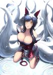  ahri animal_ears bare_shoulders breasts cleavage detached_sleeves facial_mark fox_ears fox_tail hand_on_thigh highres kneeling korean_clothes large_breasts league_of_legends lips long_hair looking_at_viewer looking_up multiple_tails nose sleeves_past_wrists solo stealthmaria tail tassel thighs whisker_markings 