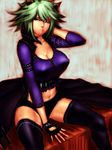  animal_ears belt breasts cat_ears cleavage copyright_request covered_nipples curvy fingerless_gloves fumio_(rsqkr) gloves green_hair large_breasts midriff navel no_bra one_eye_closed scar short_hair sitting solo thighhighs 