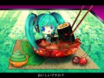  blue_eyes bowl cherry chibi chopsticks food fruit green_hair hatsune_miku headphones kaze-hime smile solo sushi translated vocaloid wasabi 