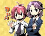  catchphrase kajiki_yumi kanbara_satomi multiple_girls pink_hair purple_hair saki school_uniform tekin tsuruga_school_uniform 