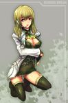  border_break breasts bridal_gauntlets cleavage copyright_name fiona_(border_break) green_hair headset kara_(color) kneeling large_breasts purple_eyes solo thighhighs 