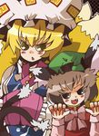  animal_ears blonde_hair blush_stickers brown_eyes brown_hair cat_ears cat_tail chachi_(azuzu) chen claws earrings fangs fox_tail hat jewelry multiple_girls multiple_tails open_mouth tail touhou yakumo_ran yellow_eyes 