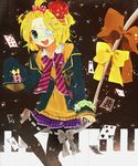  aqua_eyes bad_id bad_pixiv_id blonde_hair bow card eyepatch falling_card floating_card hair_bow hair_ornament hairclip instrument kagamine_rin pantyhose piano school_uniform short_hair skirt smile solo suzumori_uina vocaloid 