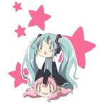  1girl aqua_hair chibi dekosuke green_hair hatsune_miku long_hair lowres megurine_luka necktie ribbon skirt takoluka thighhighs twintails very_long_hair vocaloid 