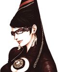  bayonetta bayonetta_(character) black_hair blue_eyes breasts cleavage cleavage_cutout earrings eyeshadow glasses jewelry kiichi_(9ta) large_breasts lips long_hair lowres makeup mole mole_under_mouth smile solo 