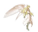  arms_at_sides belt blonde_hair boots bridal_gauntlets circlet clenched_hands feathered_wings fire_emblem fire_emblem:_akatsuki_no_megami flying from_side full_body green_eyes highres kita_senri long_hair long_sleeves male_focus official_art profile reyson robe simple_background solo tiara very_long_hair white_background white_wings wings 