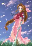  aerith_gainsborough boots bow bracelet braid brown_hair choker cropped_jacket dress final_fantasy final_fantasy_vii hair_ribbon jewelry long_dress long_hair minnku pink_bow pink_dress ponytail ribbon single_braid solo staff very_long_hair 