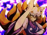  animal_ears blonde_hair cofi_(eternal) fang fox_tail hat multiple_tails short_hair solo tail touhou yakumo_ran yellow_eyes 