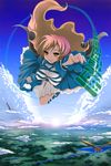  bird breasts brown_eyes brown_hair day flying gradient_hair highres hijiri_byakuren kado large_breasts multicolored_hair sky solo sorcerer's_sutra_scroll touhou 