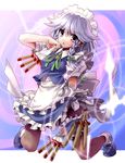  braid full_body hair_ribbon izayoi_sakuya katahira_masashi knife maid maid_headdress pantyhose pocket_watch purple_eyes ribbon short_hair silver_hair solo touhou twin_braids watch 