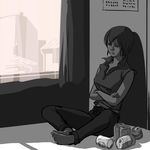  alcohol barefoot beer can city crossed_arms feet indoors meiko monochrome nippori_honsha sad sitting solo spot_color vocaloid window 