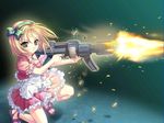  blonde_hair dress elin green_eyes gun hairband official_art sandals solo weapon wonderland_online 