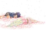  1girl bandages barefoot blue_hair boota feet flower lace lying makishi_yaichi multicolored_hair nia_teppelin petals pink_skirt simon skirt sleeping tengen_toppa_gurren_lagann younger 