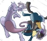  aura_sphere battle gen_1_pokemon gen_4_pokemon looking_back lucario mewtwo no_humans pokemon pokemon_(creature) world_climb 