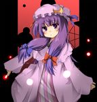  :&lt; bad_id bad_pixiv_id bow crescent dress hair_bow hair_ribbon hat long_hair patchouli_knowledge purple_eyes purple_hair ribbon shirasu_youichi solo striped touhou twintails 