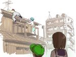  2girls aerial apartment apron baseball_cap city from_behind hat multiple_boys multiple_girls nippori_honsha original rooftop scarf school_uniform serafuku 