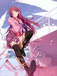  1girl bakemonogatari blush boxcutter female highres legs long_hair monogatari_(series) necktie outdoors purple_eyes purple_hair school_uniform scissors senjougahara_hitagi sitting skirt sky solo stapler stationery thigh-highs thighhighs violet_eyes wind zettai_ryouiki 